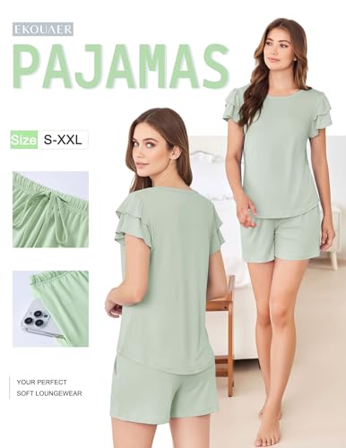 Ekouaer Womens Pajama Sets 2 Piece Ruffle Sleeves Top and Shorts Pjs - color: Sage Green, size: Small