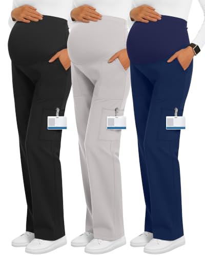 3 Pack Women's Maternity Scrub Pants with 6 Pockets - color: Black, Light Gray, Navy Blue, size: X-Large