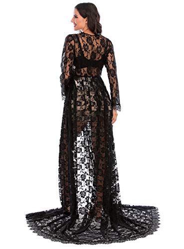 ZIUMUDY Maternity Deep V-Neck Split Front See-Through Maxi Lace Dress for Photography with Long Sleeve - color: Black, size: Large