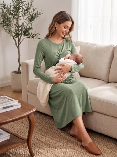 BLENCOT Maternity Nursing Midi Dress Twist Knot Pull Up Feed Postpartum - color: Grass Green, size: Small