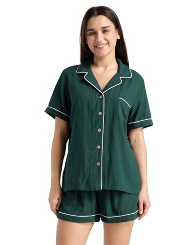 Womens Muslin Pajama Sets 100% Cotton Double Gauze Linen Like Short Pjs - color: Dark Green, size: Large