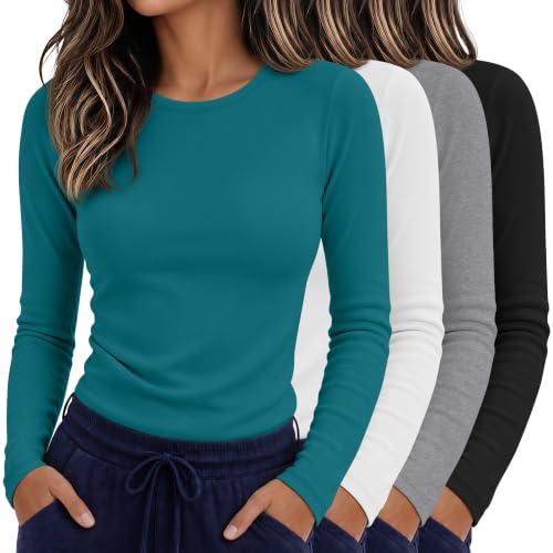 4 Pack Womens Crew Neck Long Sleeve Underscrub Shirts - color: Black, Light Gray, White, Turquoise, size: X-Large
