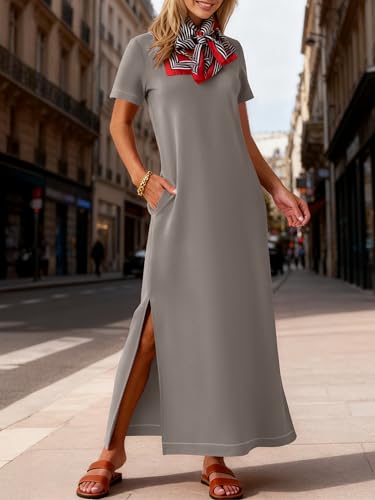 ANRABESS Womens Summer Maxi Dresses Wrinkle Free with Pockets - color: Coffee Grey, size: Large