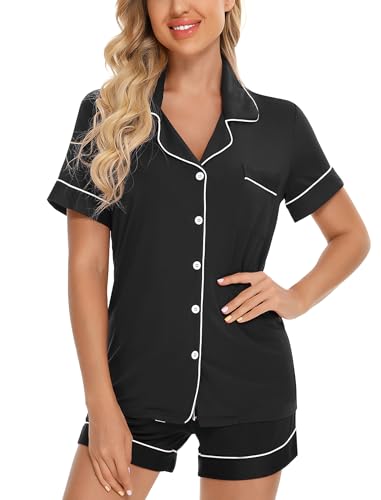 Leikar Womens Button Down Pajama Sets Bride Pajamas Sets Sleepwear Shorts Lounge Set - color: B-black, size: Small