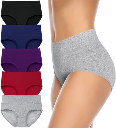 Womens Cotton Underwear High Waisted Full Coverage Briefs Ladies Panties - color: Dark, 5-pack, size: Large