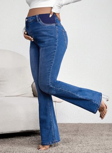 BLENCOT Women Maternity Jeans Bootcut High Rise Denim Pregnancy Pants Work - color: Dark Blue, size: Medium