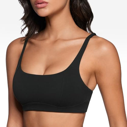 INGIA Women's Square Scoop Neck Sports Bra Thin Strap Padded Yoga Bra - color: Black, size: X-Small