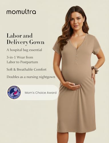 PATPAT Maternity Labor and Delivery Gown, Womens Hospital Gown with Pockets - color: Beige, size: Medium (Fit S/M)