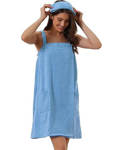 cheibear Women Terry Towel Dress Wrap Bathrobe with Pockets Headband - color: Blue, size: X-Small