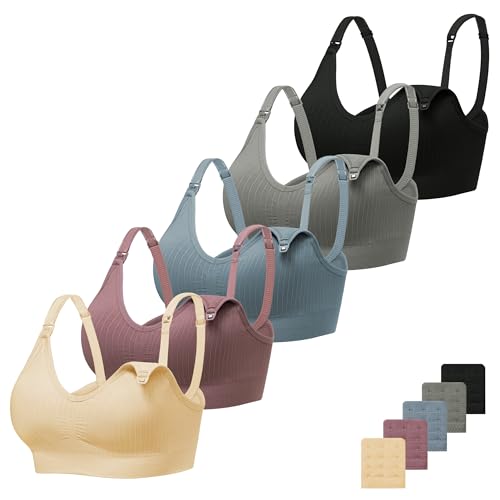 Angelhood Ribbed Nursing Bras 5 Pack Wireless V Neck Maternity Nursing Bra - color: Black/Blue/Mauve/Nude/Grey, size: Large