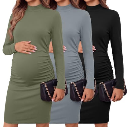 3 Pack Women's Maternity Dresses Long Sleeve Dresses - color: Black, Light Gray, Army Green, size: Medium