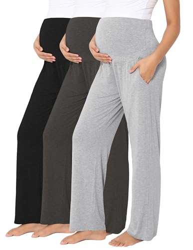 Viscose from Bamboo Maternity Wide Leg Lounge Pajama Pants - color: 3pc Black/Grey/Dark Grey, size: Large
