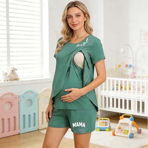 Maternity Nursing 2 Piece Pajama Set Double Layer Breastfeeding Sleepwear - color: A-green, size: Small