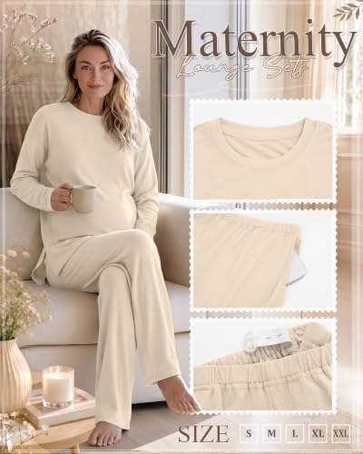 Huukeay 2 Pack Maternity Long Sleeve Pajamas Sets - color: Apricot, Black, size: Medium