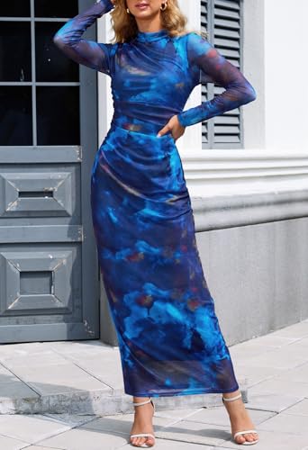 MEROKEETY Womens Fall Long Sleeve Floral Wedding Guest Maxi Dress - color: Blue, size: Large