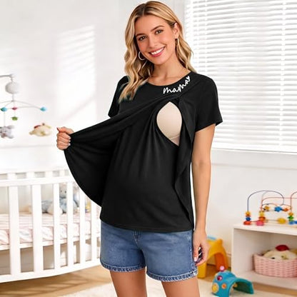 Nursing Breastfeeding Shirt for Women Friendly Double Layer Postpartum Tops - color: Black, size: X-Large