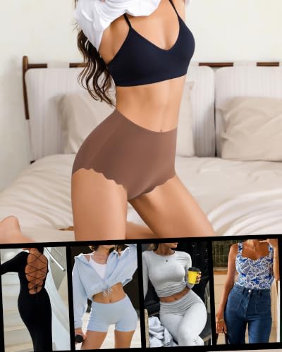 High Waisted Seamless Underwear for Women No Show Panties Full Coverage Scalloped Edge Silky Breathable Briefs 5 Pack - color: Multicolora 5 Pack, size: XX-Large