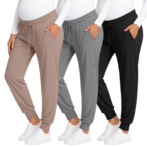 3 Pack Women Maternity Pants Pregnancy Lounge Jogger - color: Black, Light Gray, Khaki, size: Small