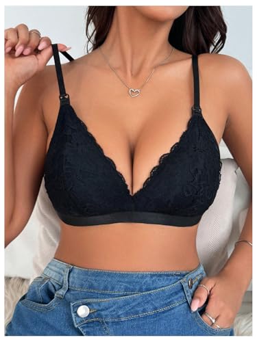MakeMeChic Women's Nursing Bras for Breastfeeding Lace Maternity Lingerie - color: Black Solid, size: Medium