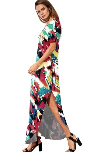 GRECERELLE Women's Summer Maxi Dress Casual Loose V Neck Short Sleeve Side Split Long Dresses with Functional Pockets - color: White Ink Red, size: Medium