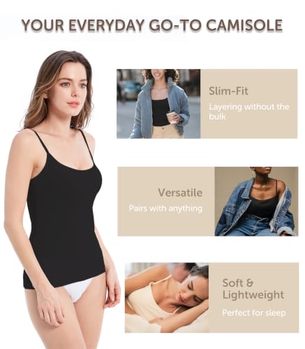 Comfneat Women's 4-Pack Slim-Fit Camisole Adjustable Spaghetti Strap Tops - color: Black 4-pack, size: Small