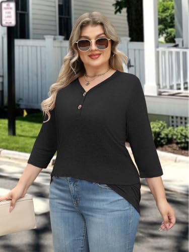 Womens Summer Plus Size 3/4 Length Sleeve Tops Button Down Shirts L-4XL - color: Black, size: 3X-Large