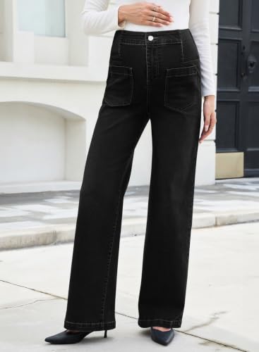 BLENCOT Maternity Jeans Wide Leg High Waist Denim Pants with Pockets - color: Black, size: Large