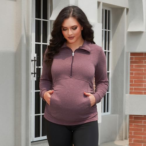 GINKANA Maternity Women's Long Sleeve Shirt Half Zipper Lapel Lightweight Casual Maternity Pullover with Pockets - color: Burgundy, size: Small