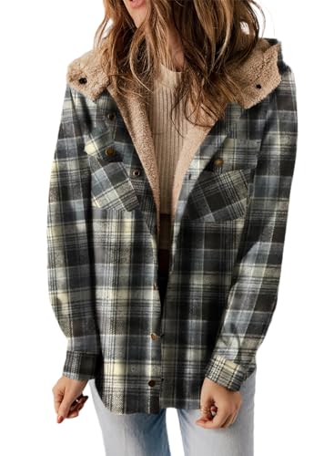 Dokotoo Womens Plaid Shacket Jacket Warm Fleece Hooded Jackets Winter Coats - color: Black02, size: Small