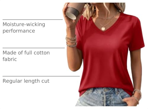 YUCOLEN Womens Shirts Cotton Short Sleeve Tops V Neck Casual Basic Tees - color: A-red, size: Medium