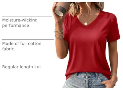 YUCOLEN Womens Shirts Cotton Short Sleeve Tops V Neck Casual Basic Tees - color: A-red, size: Medium
