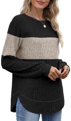 OFEEFAN Womens Sweaters Crew Neck Tunic Tops Long Sleeve Shirts Curved Hem - color: Black Beige, size: 3X-Large
