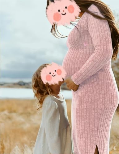 LAHILO Long Sleeve Knit Ribbed Maternity Sweater Dress for Fall Winter - color: Pink, size: Small