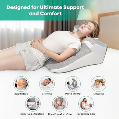 Snoring Pillow, Ergonomic Wedge Pillow for Sleep Apnea Memory Foam Reading Pillow for Back, Neck & Head Comfortable Support-Grey(Extra Large)