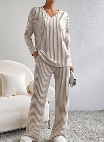 SHEWIN Women's Pajama Sets Ribbed Knit 2 Piece Lounge Sets - color: B Khaki, size: Small