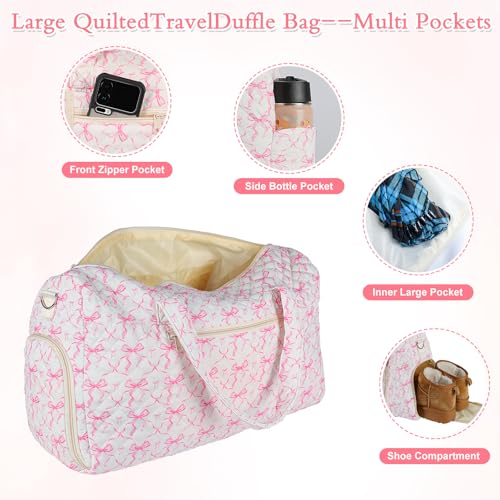 Quilted Pink Bow Duffel Bag,Weekender Bag With Shoe Compartment - color: Pink bow