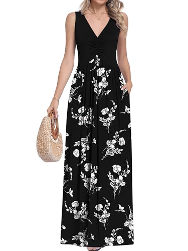 MUSE SHOW Maxi Dresses for Women 2026 Sleeveless Summer Dress with Pockets - color: Charcoal White Bloom, size: Medium