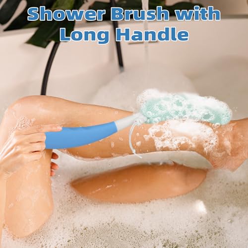 Back Scrubber for Shower,15.35"Curved Body Brush with Anti Slip Long Handle - size: Black+Blue Handle (Medium)