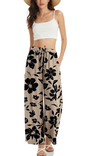 TARSE Women's Linen Wide Leg Pants with Pockets - color: Black Floral, size: Medium