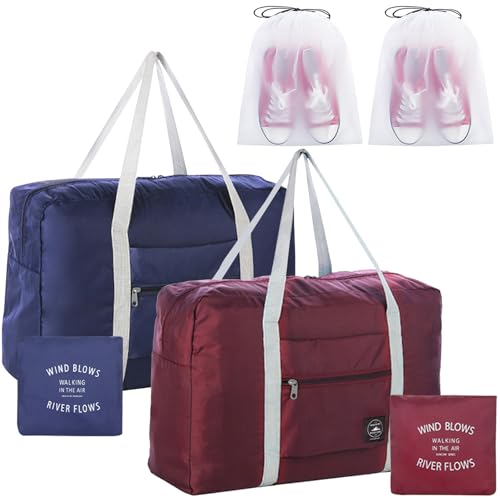 Travel Bag 2PCS Foldable Duffle Tote Weekender Overnight Luggage Bag - color: Red+Blue