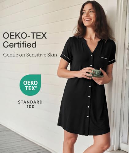GYS Bamboo Viscose Nightgowns for Women Soft Button Down Sleep Shirt - color: Black, size: Medium
