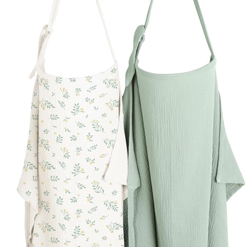 Konssy 2-Pack Muslin Nursing Cover Up for Breastfeeding Mom with Rigid Hoop - color: Green,Leafy