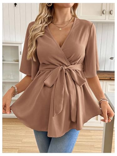 MakeMeChic Women's Maternity Nursing Blouse Wrap Belted Pregnancy Shirt - color: Mocha Brown, size: Medium