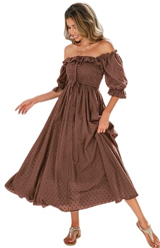 R.Vivimos Women Summer Cotton A Line Flowy Long Dresses - color: Brown#2, size: Medium