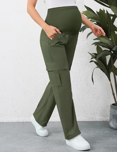 AMPOSH Women's Maternity Cargo Pants with 6 Pockets Quick-Dry Pregnancy Hiking Pants - color: Olive, size: X-Large