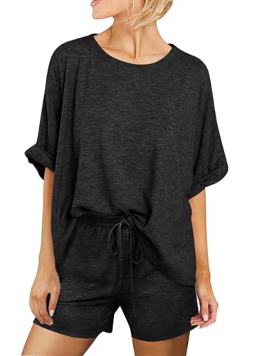 Tankaneo Womens 2 Piece Shorts Sets Oversized Short Sleeve Pajamas Sets - color: Black, size: XX-Large