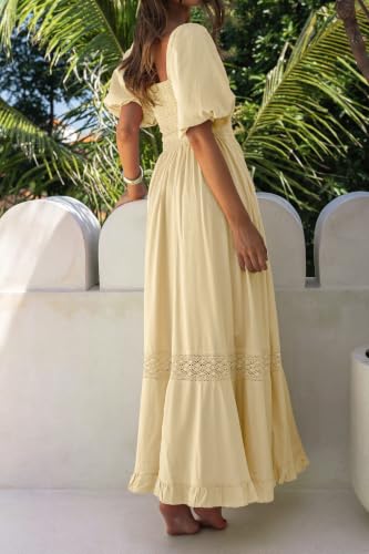 R.Vivimos Women's Summer Square Neck Smocked Slit Maxi Dress - color: Light Yellow, size: Medium