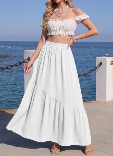 GRECERELLE Women's Maxi Skirt High Waist Tiered A-Line with Pockets - color: A-white, size: XX-Large