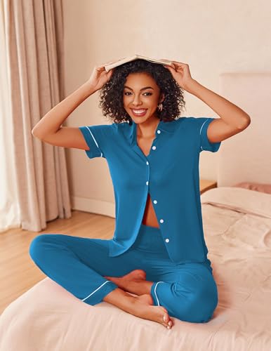 Ekouaer Womens Pajama Sets 2 Piece Button Down Short Sleeve Pjs Set Soft Lounge Set with Long Pants S-XXL - color: Lake Blue, size: X-Large