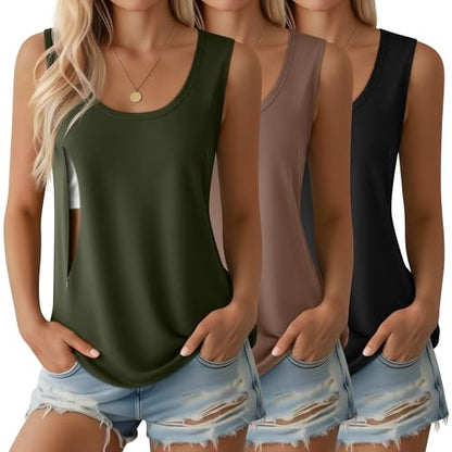 Ficerd 3 Pack Women's Nursing Tank Tops - color: Black, Mocha, Army Green, size: Medium